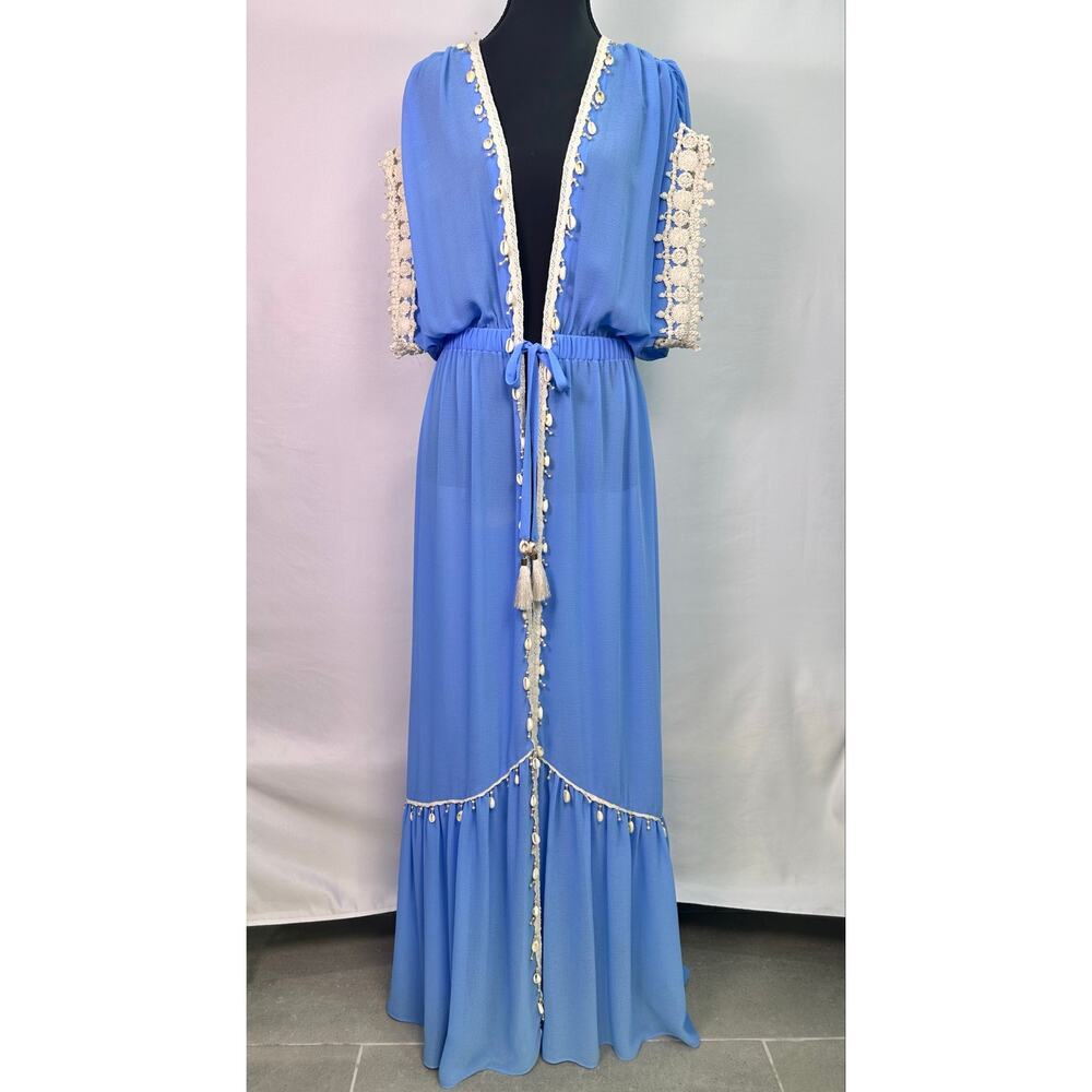 NWT Ramy Brook Nikolai Maxi Cover Up Serene Blue Shell Lace Trim Sheer Size S - Picture 3 of 14